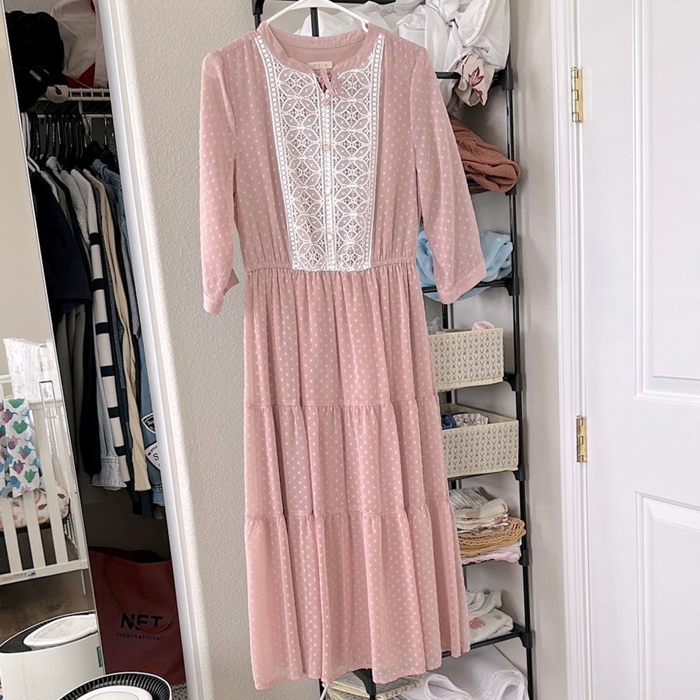Pink 3/4 Sleeve Crew Neck Sundress for Wedding Guests